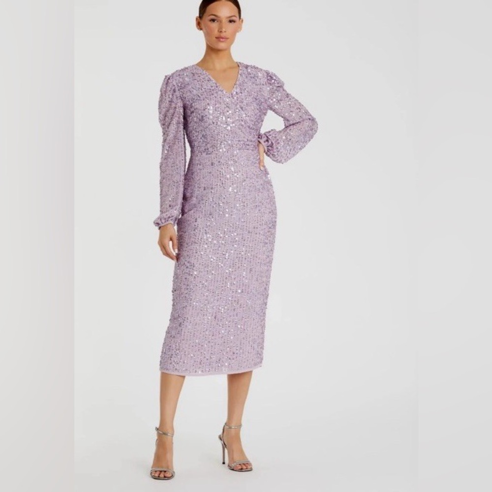 NEW Mac Duggal Lavander Purple V-Neck Long Sleeve Sequin Dress P4093 2